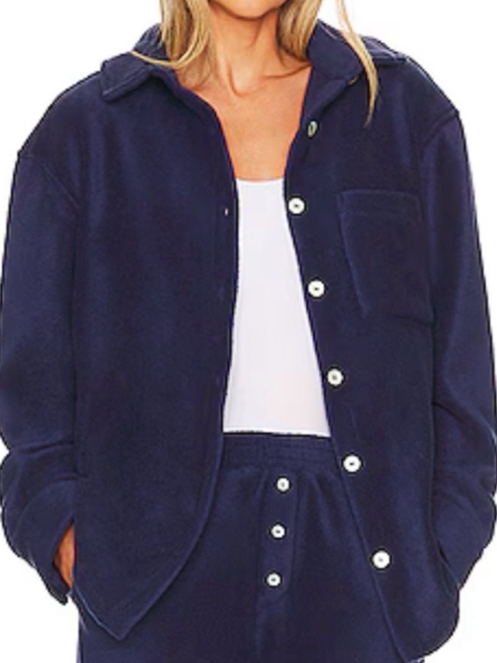 Beyond Yoga x Donni polar fleece shirt jacket in navy